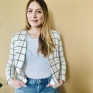 White Window Pane Plaid Open Blazer